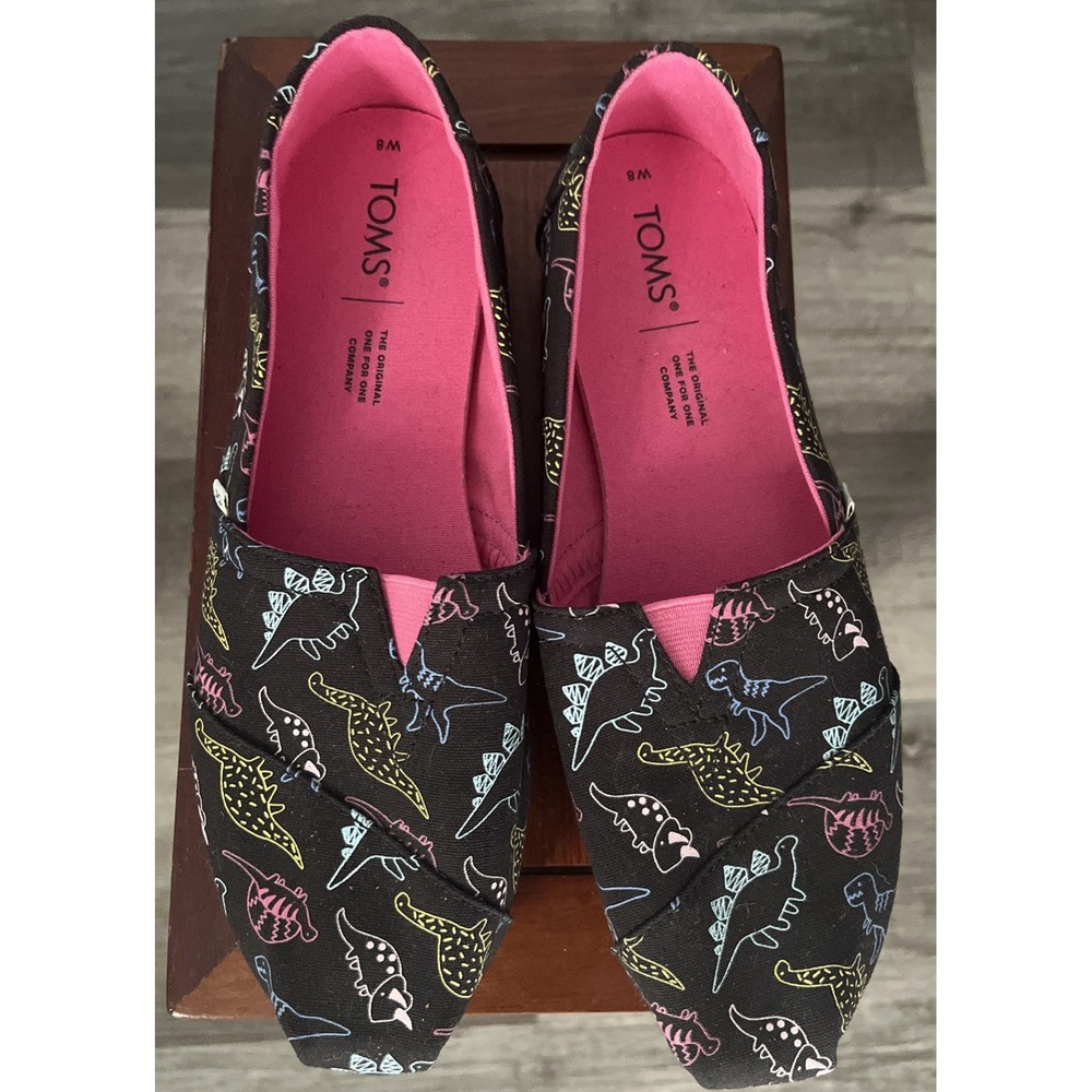 TOMS Shoes Women's Flats Dinosaur Sz W8 Black Glow In The Dark Novelty